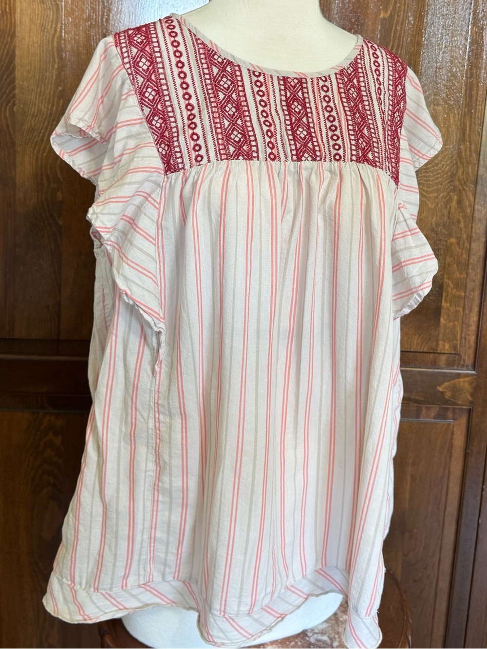 Knox Rose Striped Embroidered Flutter Sleeve Peasant Top Boho Cream Red XL